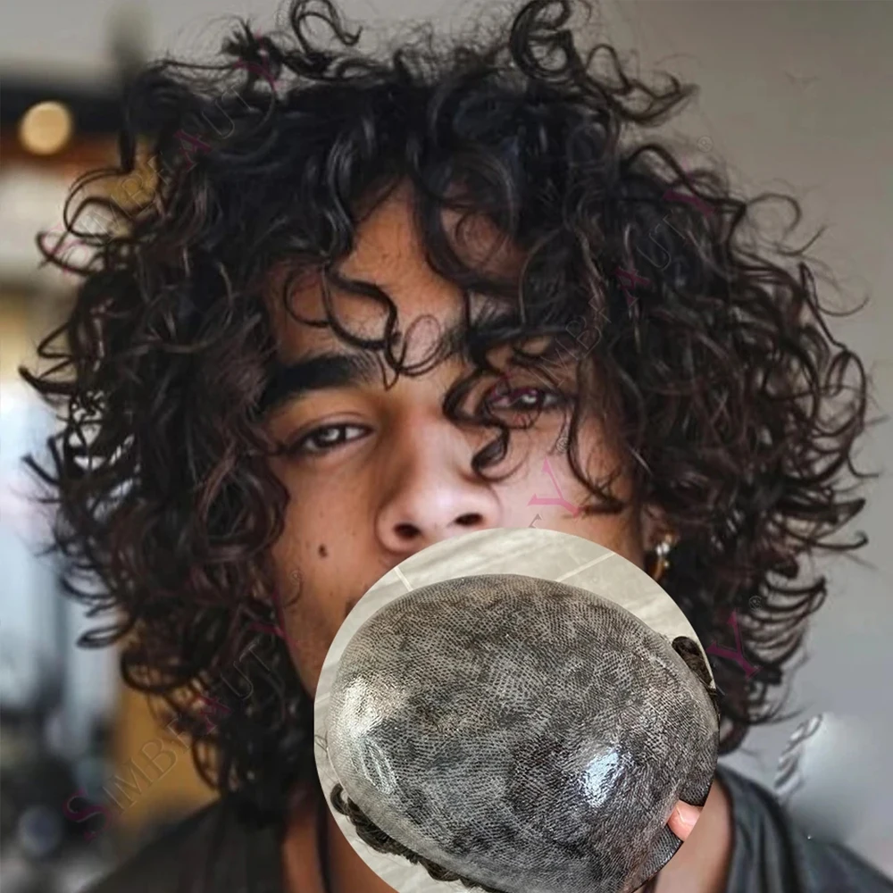 

Men's Curly Hairstyles 26mm 24mm Curly Human Hair Super Durable Full PU Injection Toupee Male Hair Unit Replacement System Prost