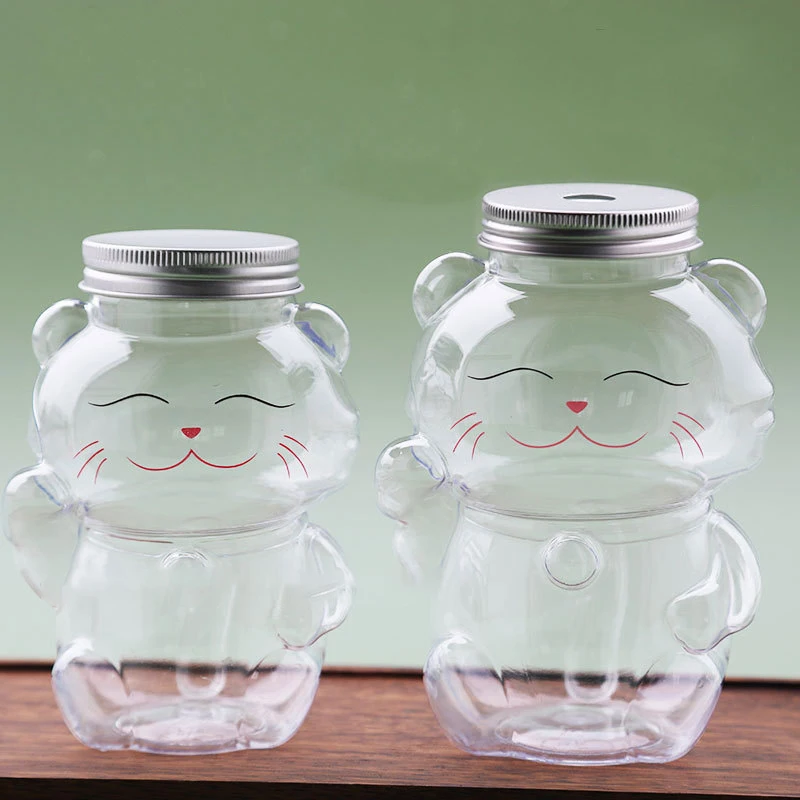 350ml/500ml Cute Lucky Cat Water Bottle Transparent Juice Drink Bottle Milk Tea Bottle Coffee Juice Mouth ABle Drinking Cup