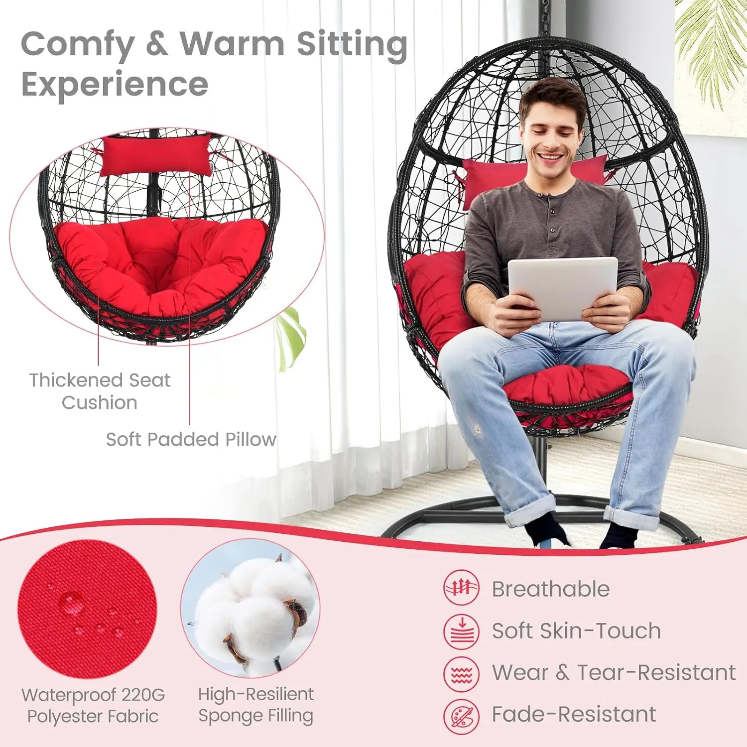 Egg Chair with Stand, Hanging Egg Swing Chair with Removable Seat Cushion & Headrest, All-Weather Indoor Outdoor Hanging PE Wick