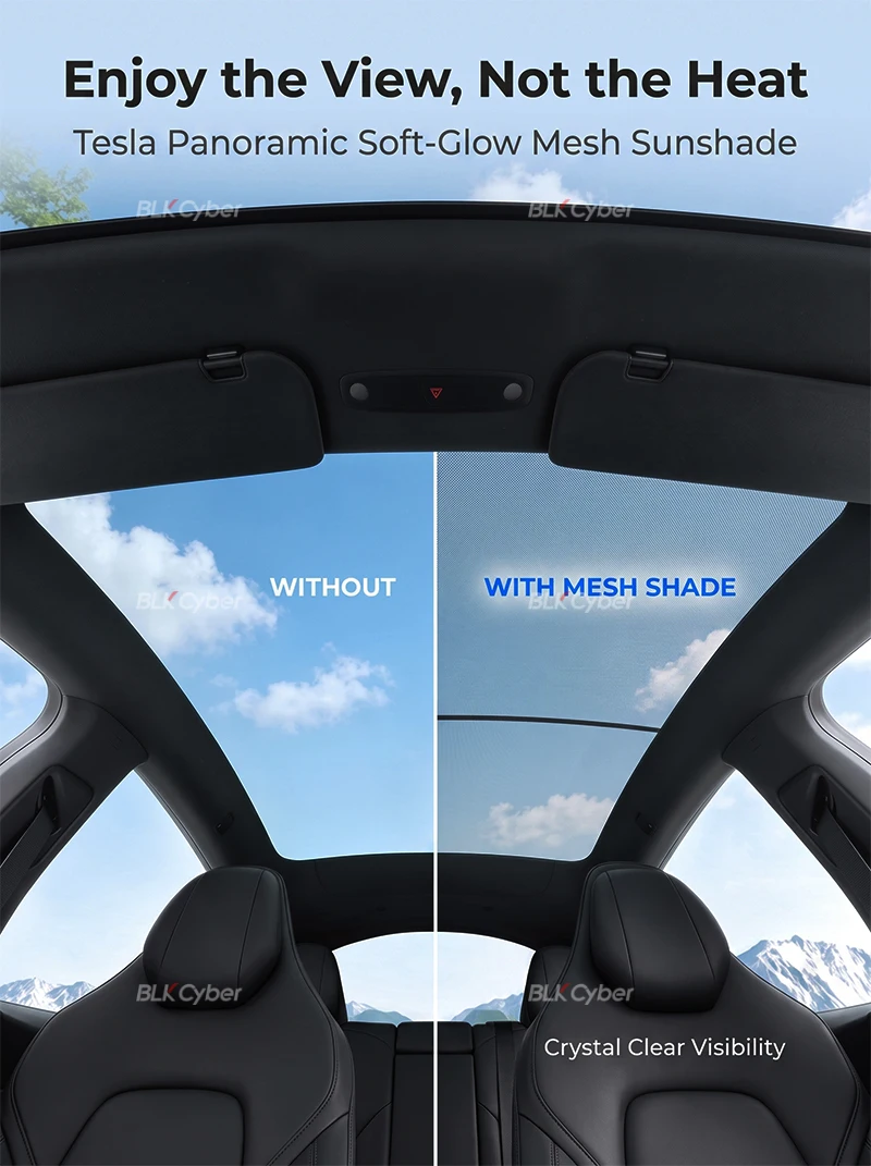 Für Tesla Model 3/Y/YL Highland Juniper Glasdach-Netz-Sonnenschutz, solarbetriebene Abdeckung, lichtdurchlässiger, lichtfilternder Schirm, UV-Wärmereduzierung, Clip-On – Detail 2