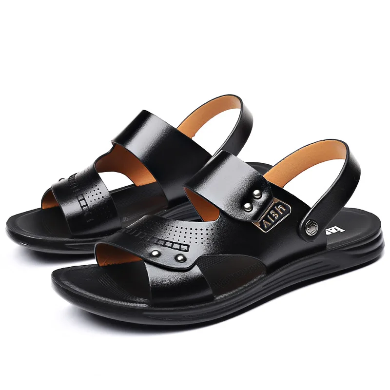 2022 Summer New Fashion Men Shoes Vintage Real Leather Non-slip Beach Slip-On Sandals Travel Flip Flop Slippers Black Brown