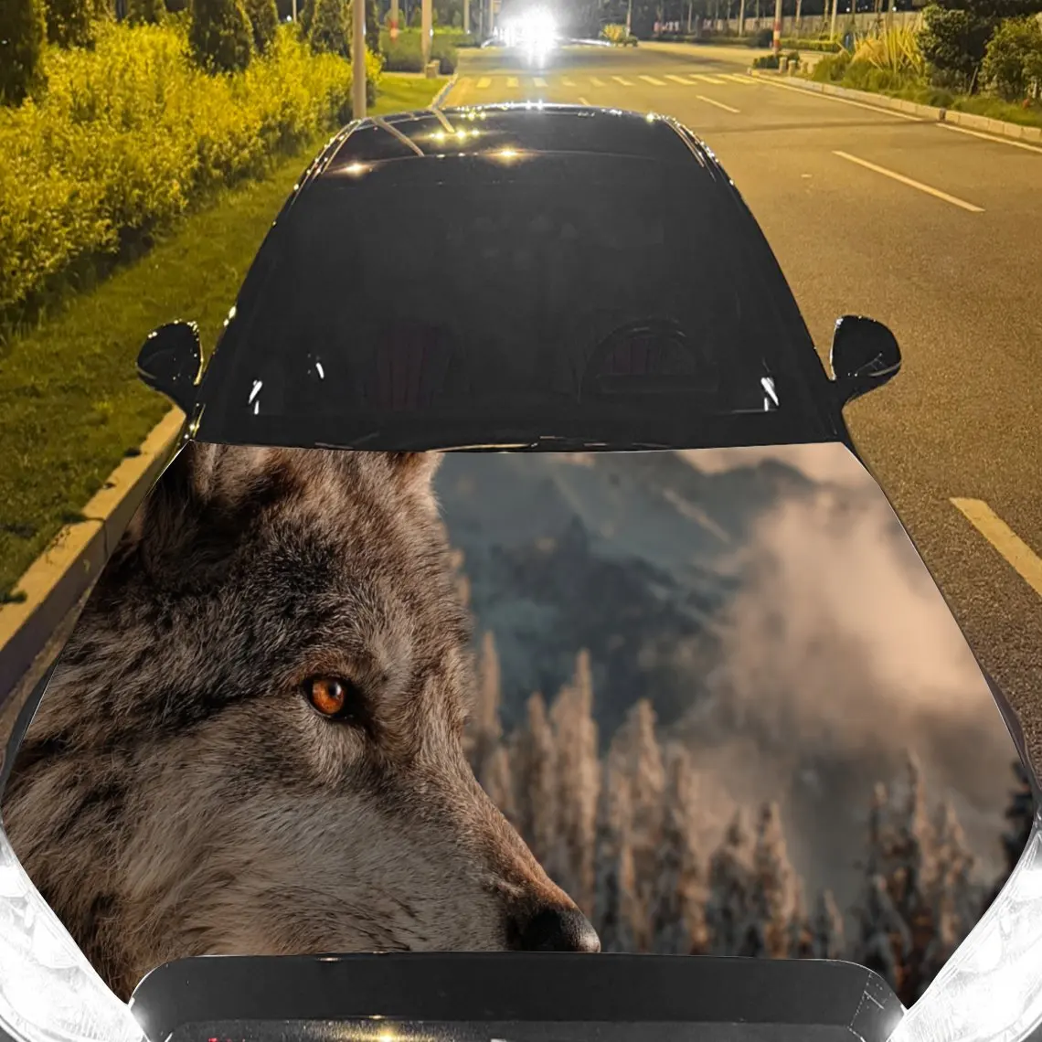 

Majestic Wolf in Urban - Edge Car Hood Stickers - Self-Adhesive, Waterproof and Durable Vinyl Wrap, Decorate And Protect Your C