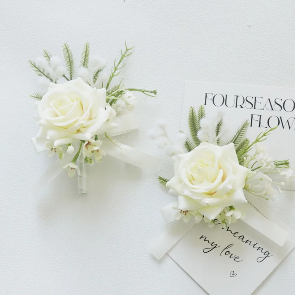 

Ivory Rose Wrist Corsage Decorative Wrist Strap and Men Boutonniere Set for White Wedding Flower Accessories Prom Suits