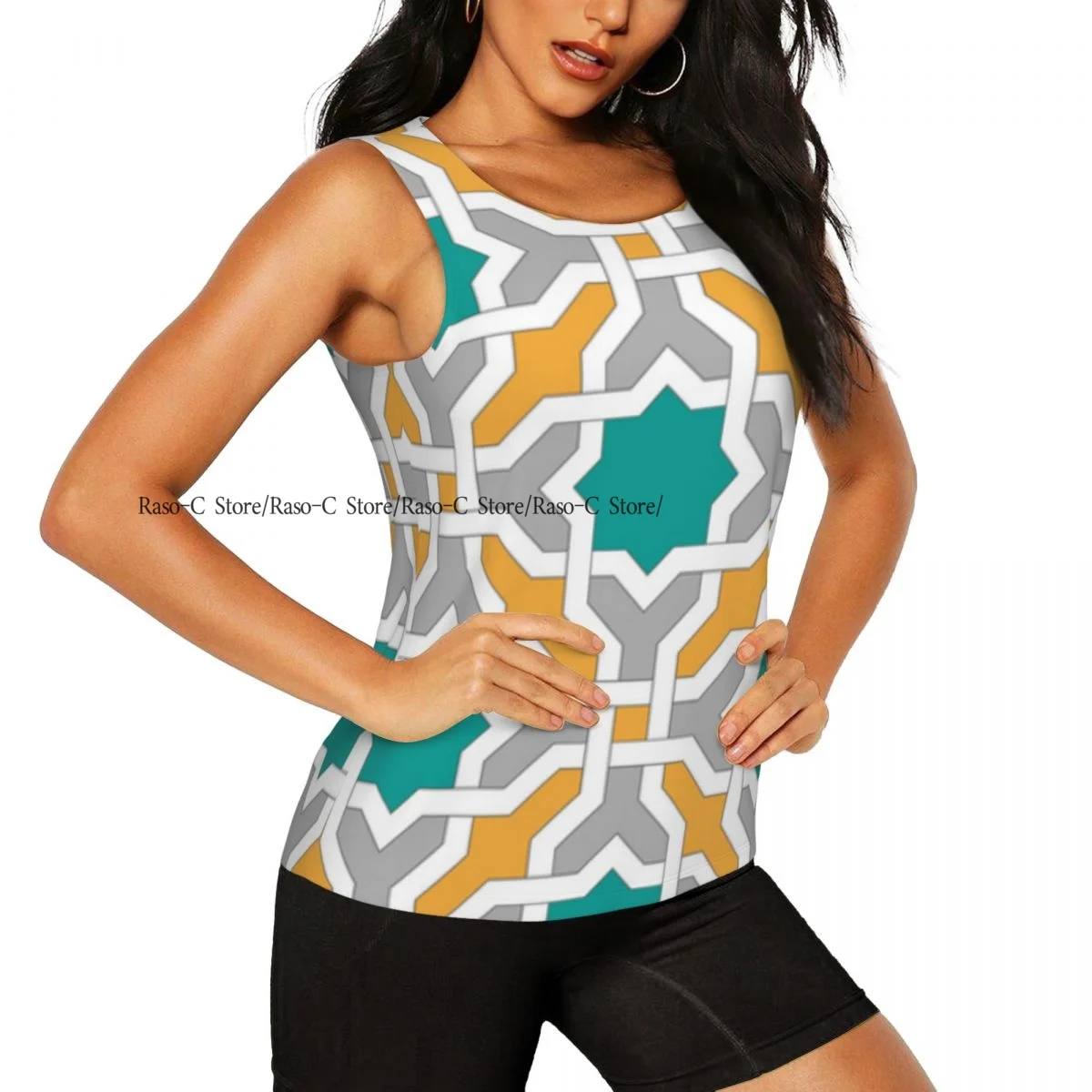 Women Sport tank Tops Loose Yoga Tops Quick Dry Workout Sport Tops Geometric Eastern Oriental Symmetric Print Yoga Shirt