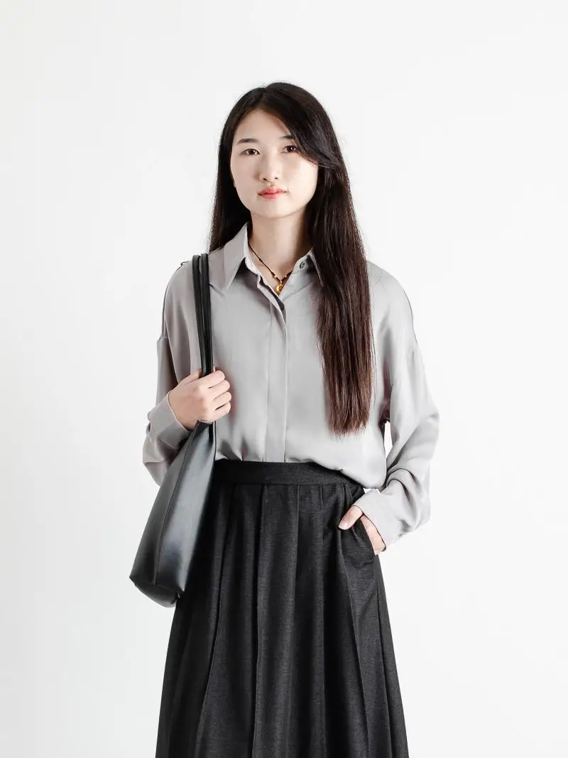 

Ele Satin Casual Long Sve irt Women's Spring Autumn Loose Versatile Draped Sle Commute Faion Simple Design