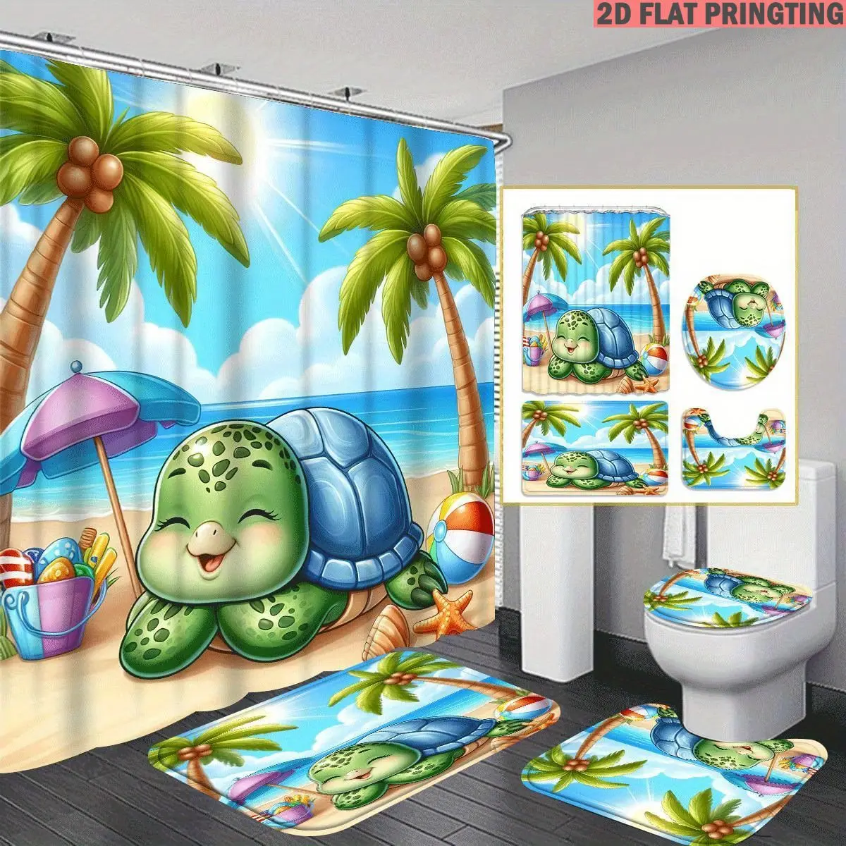 4pcs Shower Curtain and Bath Mat Set with print pattern Turtle Beach Palm Tree Umbrella Starfish Non-Slip Bathroom Decor