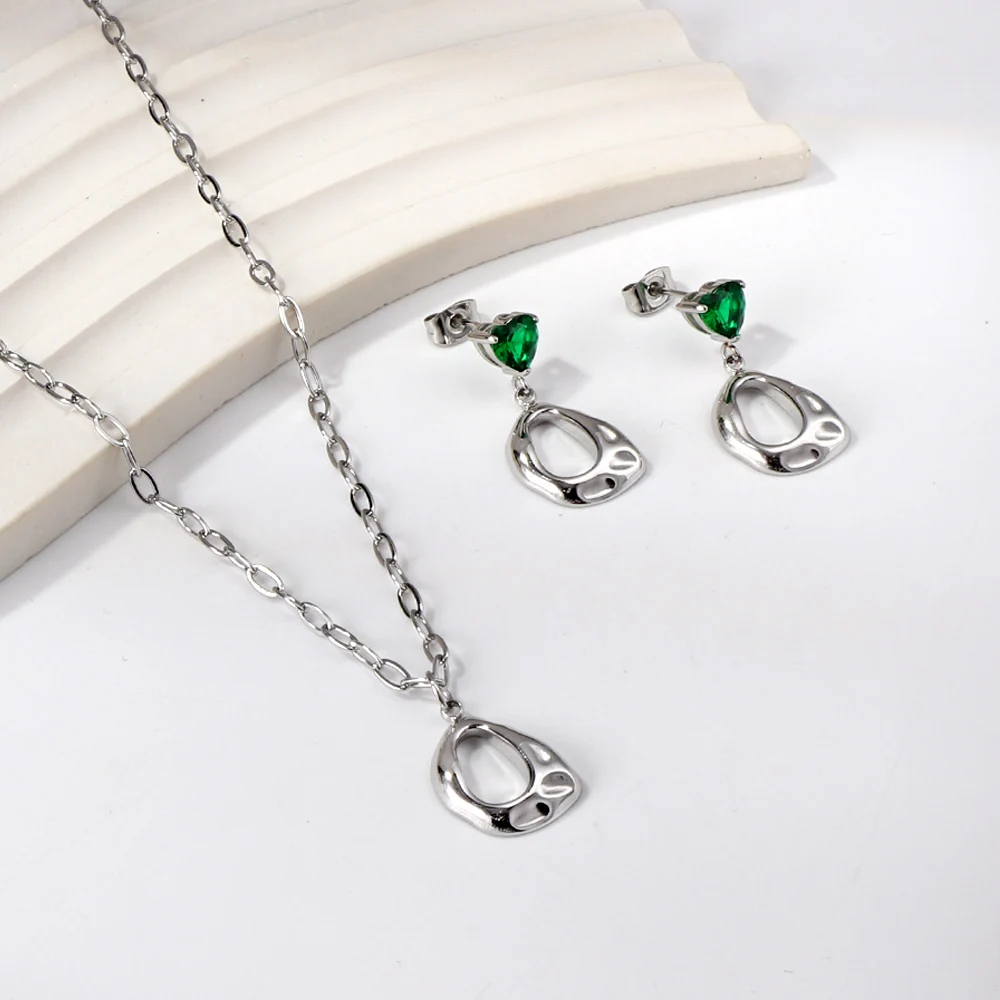 LUXUSTEEL Vintage Necklace Earrings Jewelry Sets For Women Ladies Stainless Steel Geometric Irregular Green Crystal Heart Studs