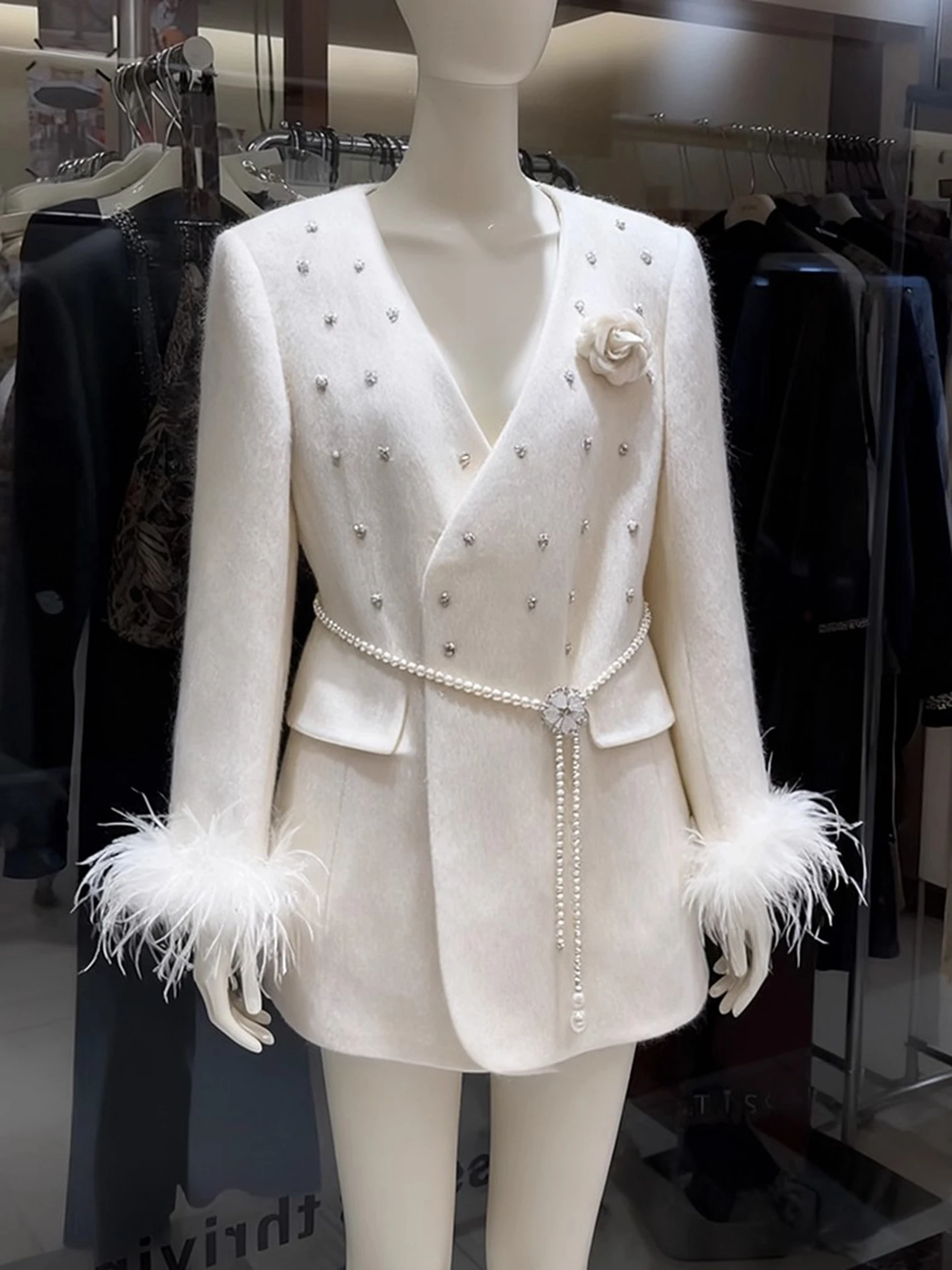 Stunning Women's Woolen Coat 2026 New Style Sequin Feather Small Fragrance Style Suiting Woolen Jacket Korean Version Straigh...