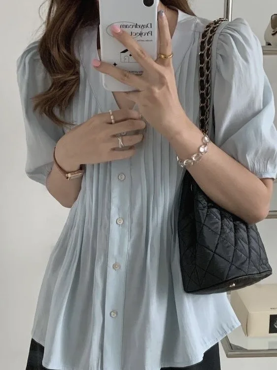 

Ele Pleated Chiffon irt Women's Summer New Design Faionable Bubble Sve Chic Top V-ne ort Sve Color