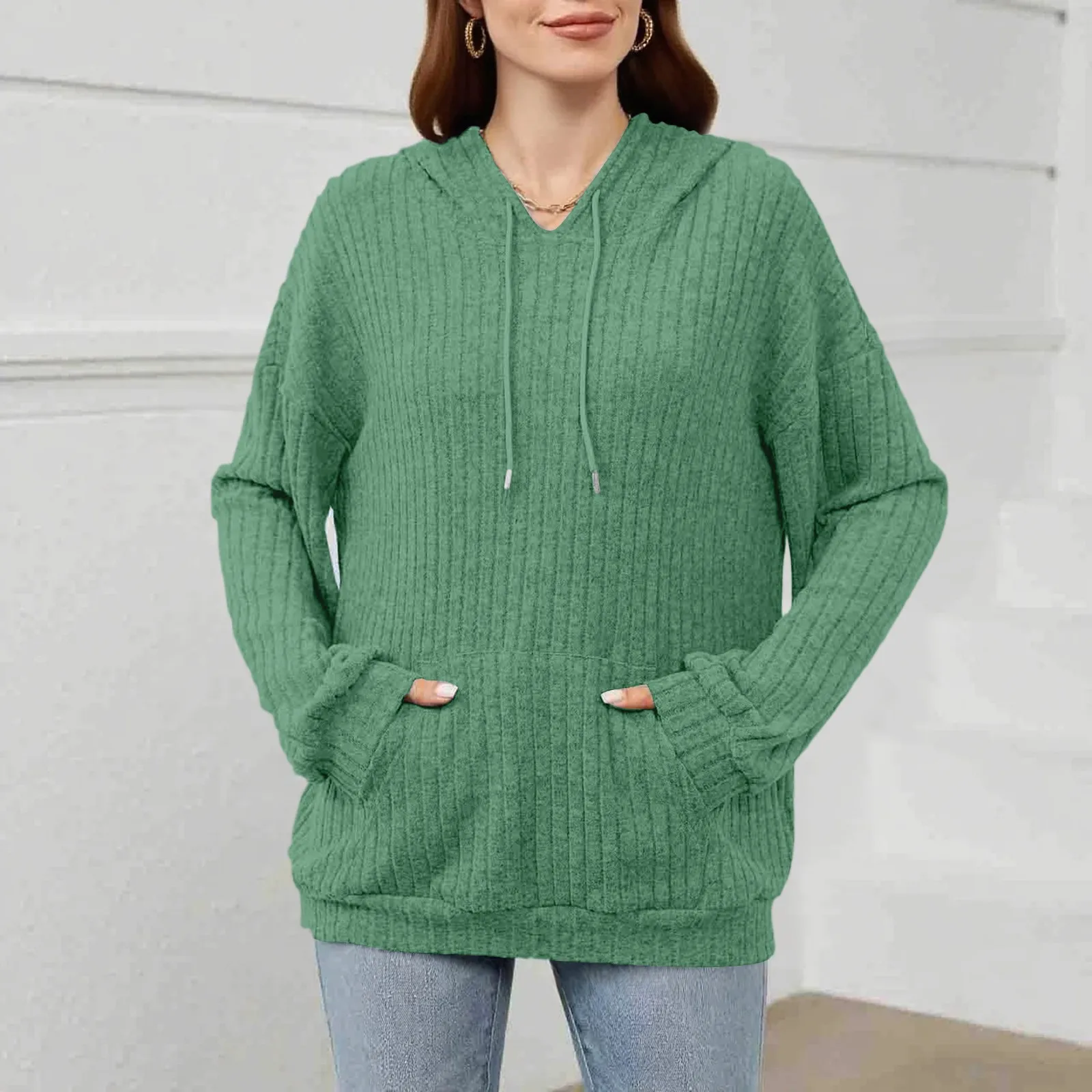 Sudadera con capucha holgada de manga larga con cordón y bolsillo para mujer, Top de Color sólido, sudaderas con capucha, ropa de invierno para mujer