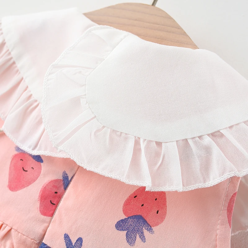 (0-3 Years Old)Baby Clothes For Girls Summer New Cotton Strawberry Print Lace Neck Dress For Kids Girls Princess Dress For Kids