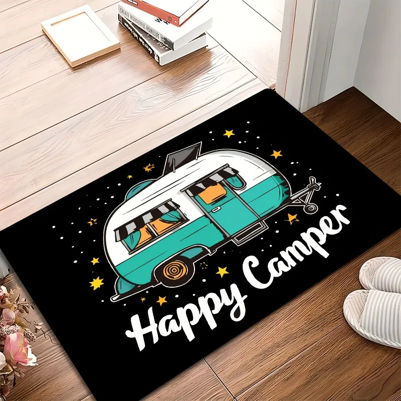 Happy Camping Door Mat Welcome Mat Retro Camping Car Pine Tree Design Suitable Outdoor Indoor Camping Forest Theme Decoration