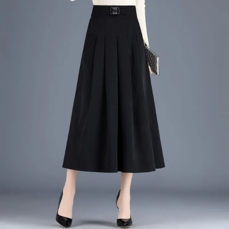 

Womens Black High Waist Midi Skirt with Belt A Line Flared Pleated Skirt Elegant Office Wear