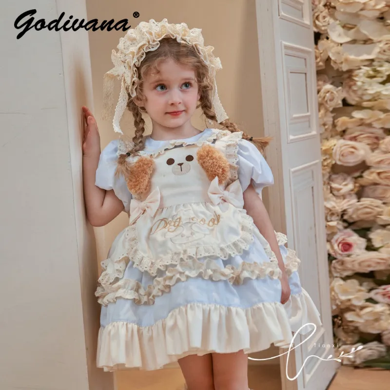 

Cute and Sweet Baby Girls 2026 Summer New Lolita Dress Kids Cartoon Print Puff Sleeve Doll Collar Blouse Ruffle Trim Bow Dress