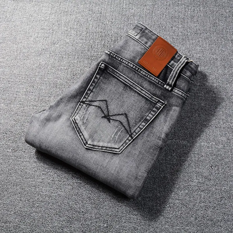 Newly Vintage Fashion Men Jeans High Quality Retro Dark Gray Stretch Slim Fit Ripped Jeans Men Casual Designer Denim Pants Homme