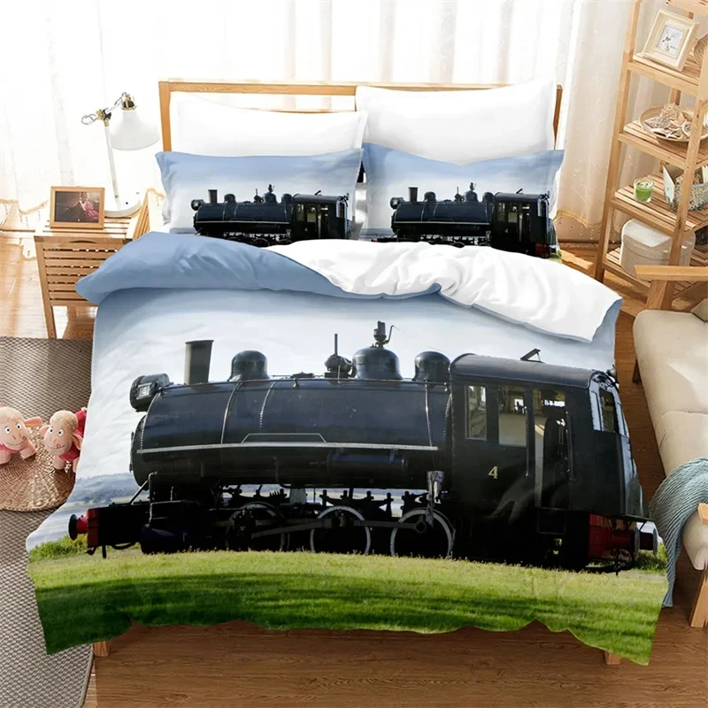 Steam Engine Duvet Cover King Queen Microfiber Vintage Locomotive in Countryside Scenery Green Grass Train Pattern Bedding Set