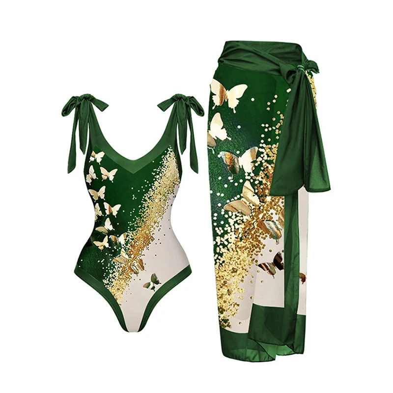 Print Swimsuit Women Bikini Lace Up Pleated Beachwear Holiday Chiffon Cover-Ups Wrap Skirts Summer 2026 Female Bodysuit