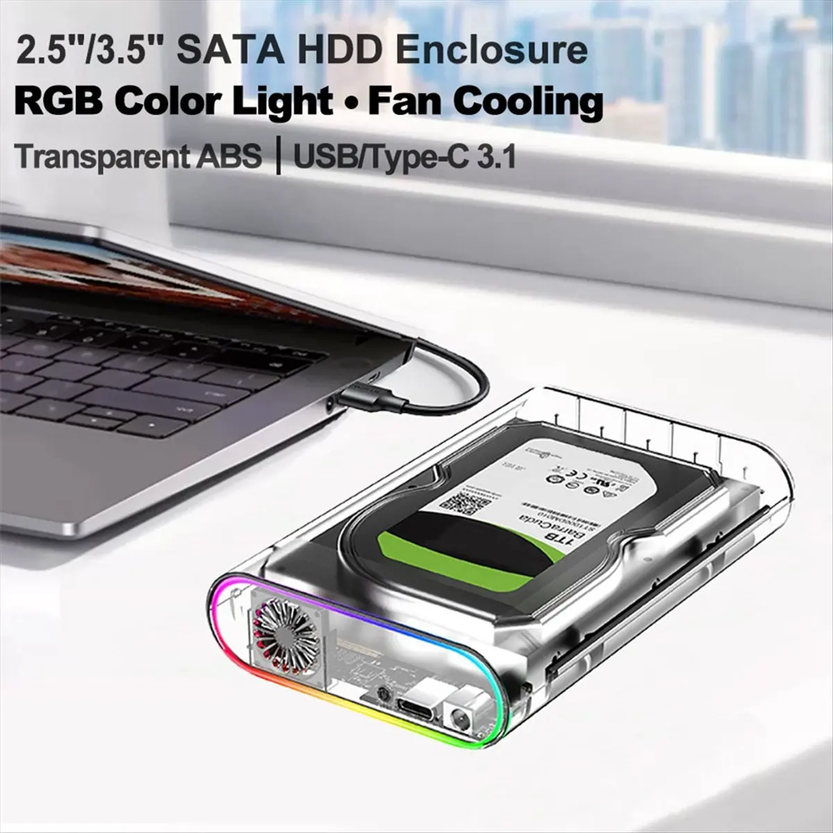 Caja HDD/SSD de 3,5 pulgadas, transparente, USB 3,0 tipo C a HDD externo, compatible con SSD de 28TB, luz colorida RGB, enchufe estadounidense