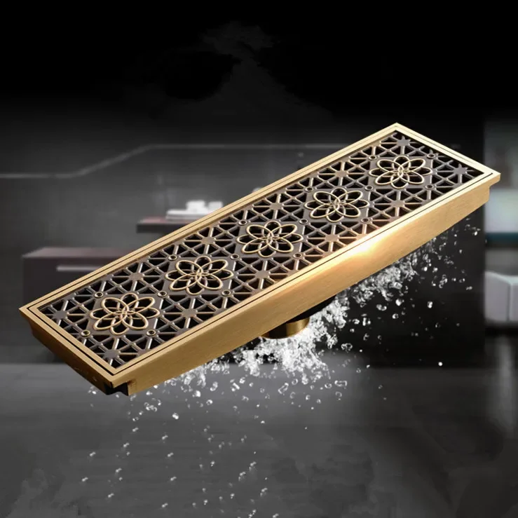 

Drain 10*30CM Euro Antique Brass Art Carved Floor Drain Cover Shower Waste Drainer Bathroom Bath Accessories Strainer DL