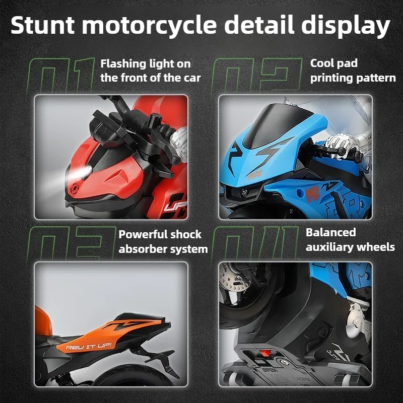 RC Car High Speed Stunt Off-road Metal Motorcycle Electric Remote Control Model Drift Motorcycle with Light Sound Toy Gift