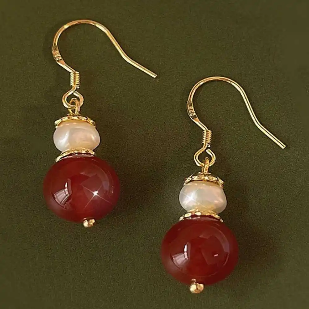 Fashion 12MM Natural Red Agate beads Baroque pearl Earrings Holiday gifts Aquaculture Women Classic