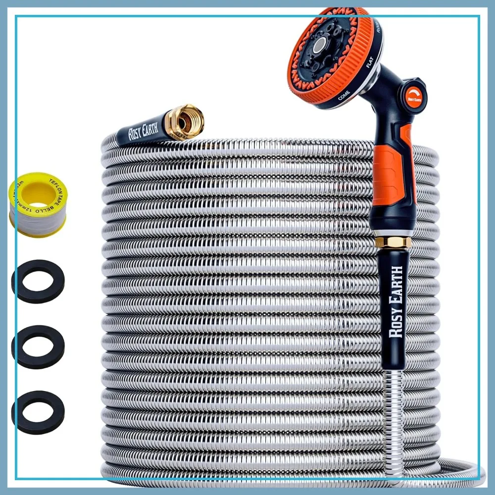 

100ft Stainless Steel Garden Hose, Heavy Duty Metal Water Hose with 8-Function Nozzle, No-Kink Flexible Hose for Yard, RV