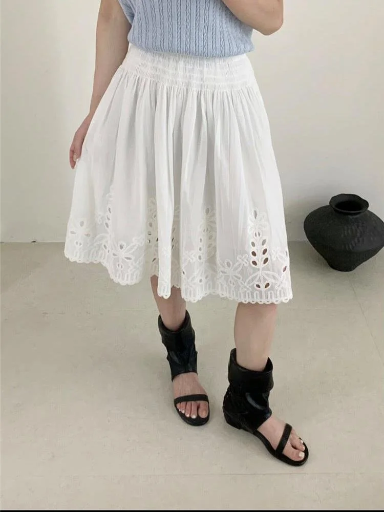Korean Style Heavy Embroidery High Waist White  A-Line Skirt Women's Summer  Sweet Versatile Fashionable Midi Skirt