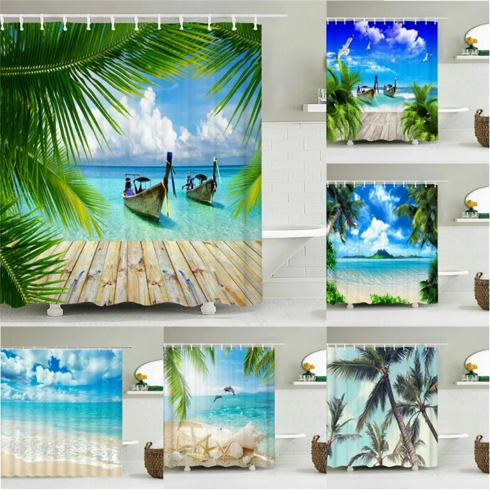 

Beach Sea Palm Trees Shower Curtains 3d Nature Scenery Waterproof Bathroom Curtains Bathtub Bath Screen Partition Cortina Baño