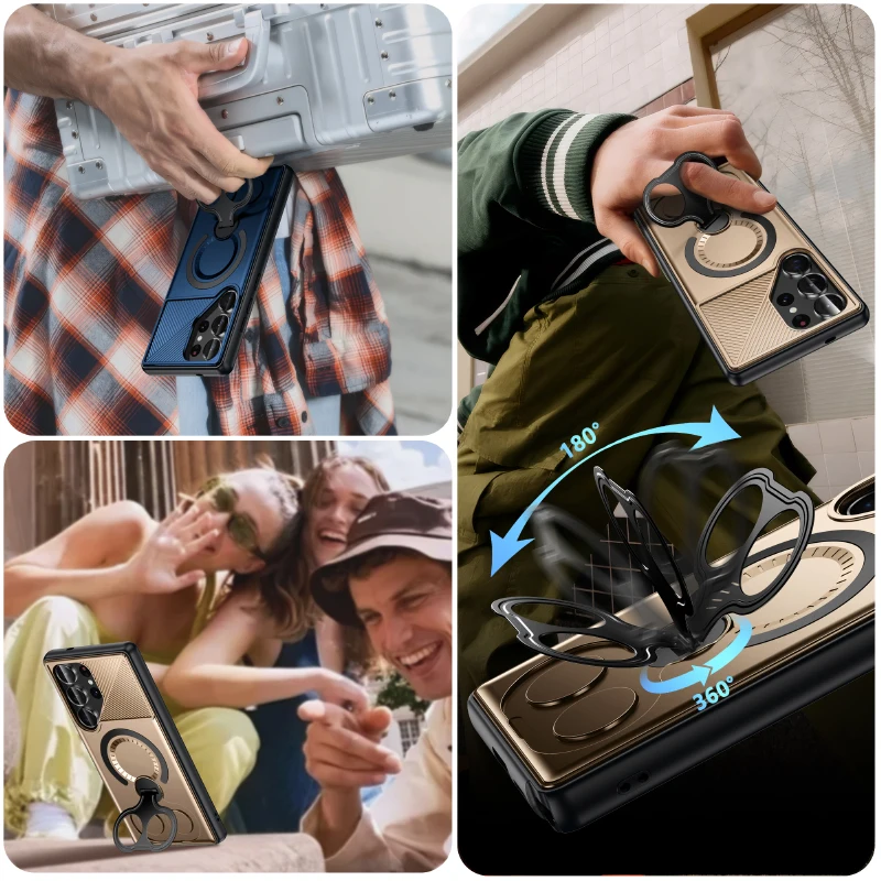 Magsafe Magnetico 360 ° Custodia per telefono con armatura in tinta unita con staffa in metallo girevole per Samsung S25 Ultra Edge S23 S24 Ultra Plus A56 A36