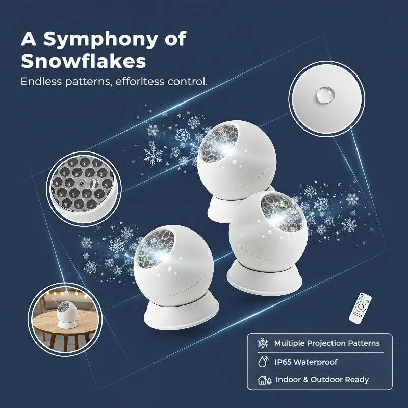 Snowflake Christmas LED Projector Light 360 Rotating Base Interchangeable Lenses for Family Party Decor