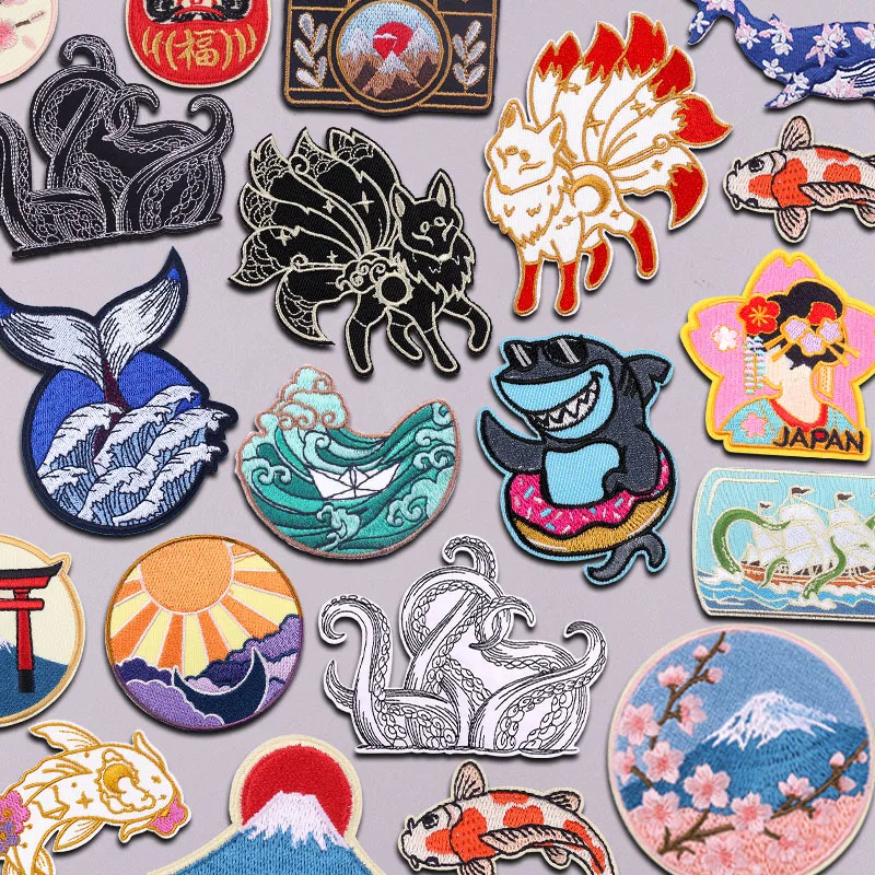 Japan Mount Fuji bestickte Patches Japan Mädchen Kirschblume Eisen auf Patches für Kleidung thermoadhäsive Patches schmelzbaren Patch