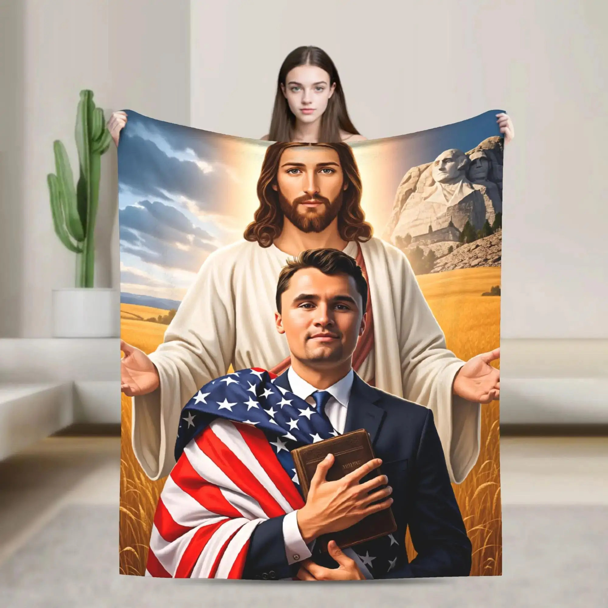 

Мягкое теплое плюшевое одеяло-плед Charlie Kirk Angelic Advocate с флагом и изображением Иисуса для гостиной, фланелевое покрывало