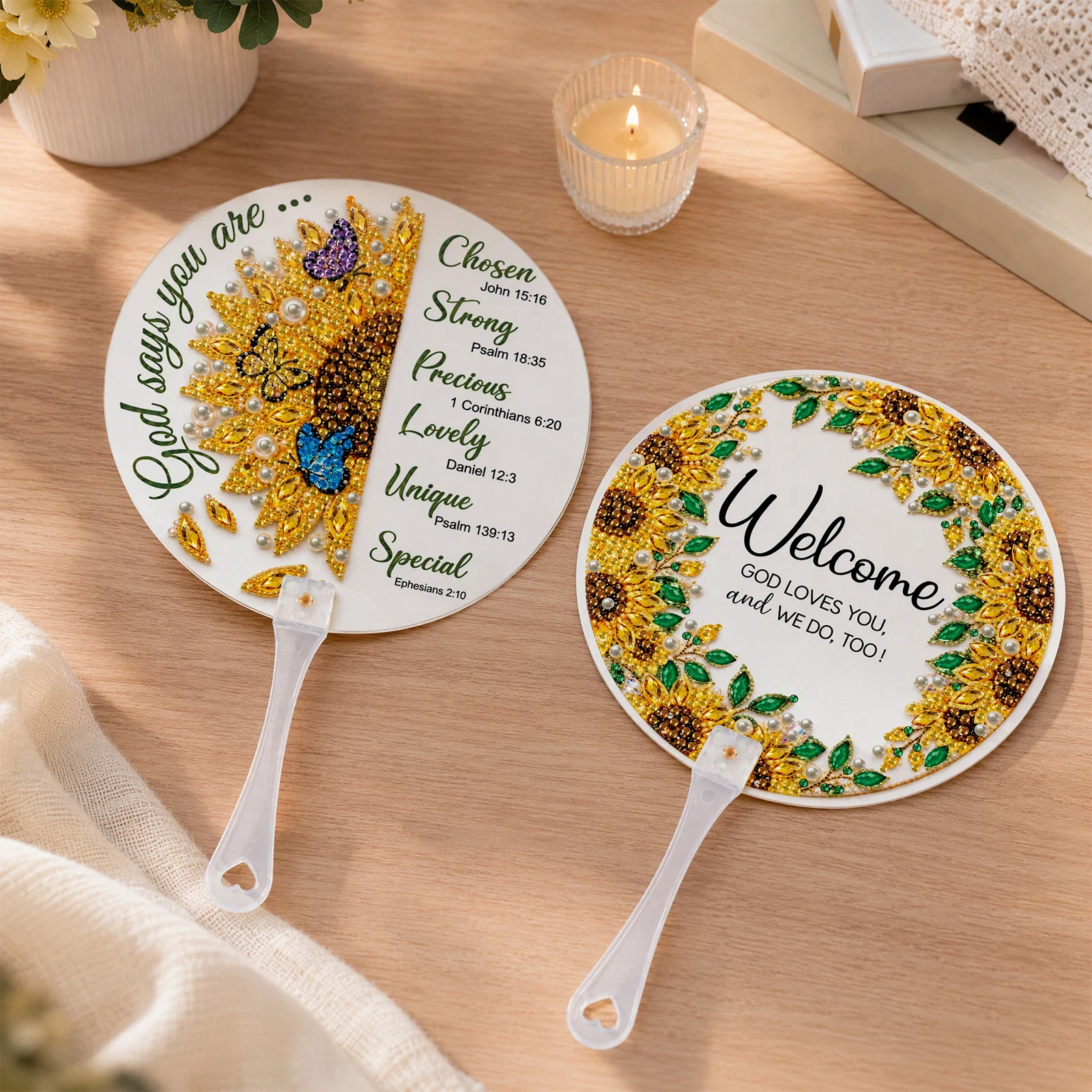 Special Shaped DIY Diamond Hand Fan 8Pcs Bible Verse Scripture Double Sided PET Pearl Bead Church Decor Kit