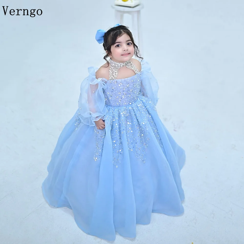 Verngo Blue/Purple Tulle Girl Flower Dress Wedding Kid Sequined A Line Ball Gowns With Sleeves Birthday Party Dresses Customized