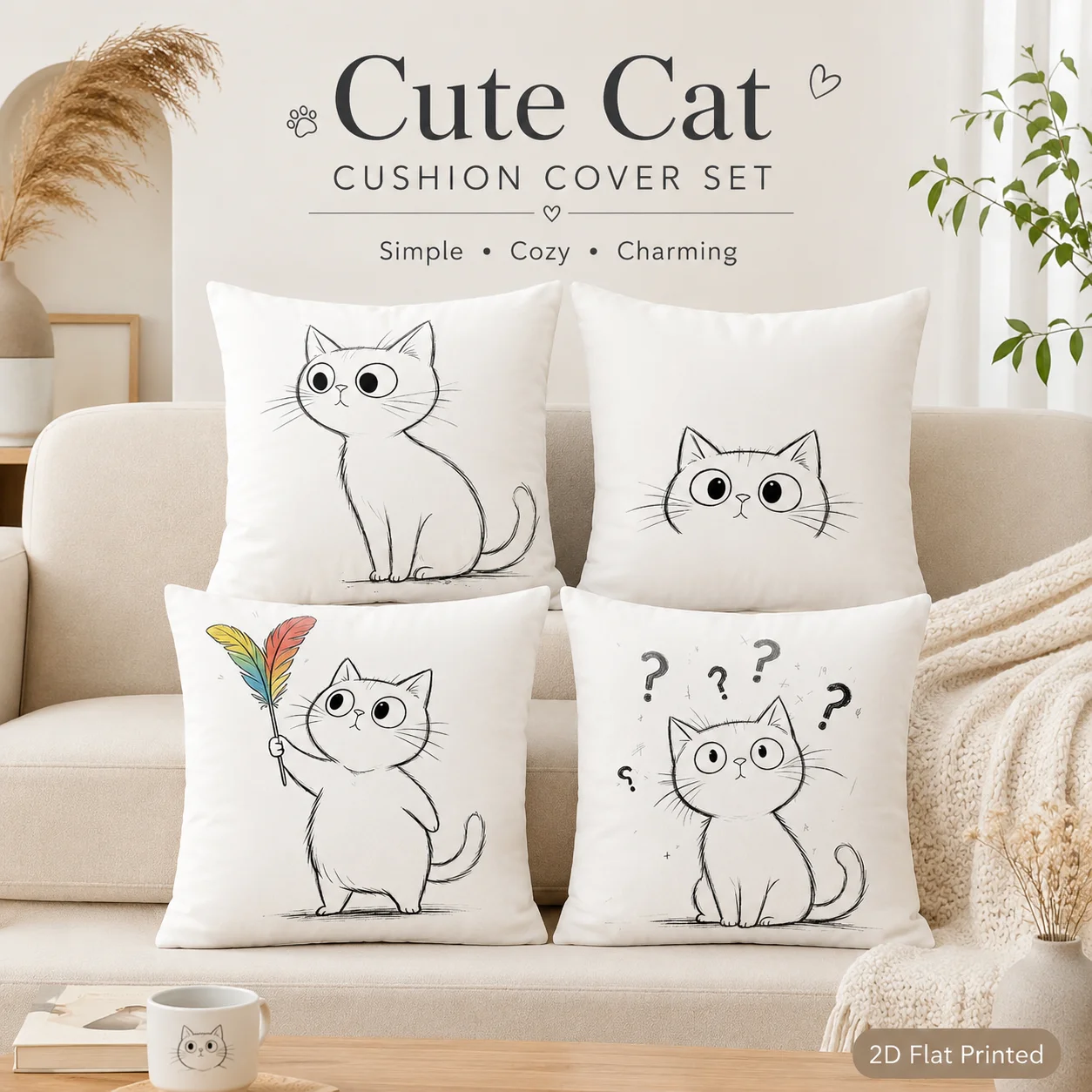 Cozy Room Decor 4 Pcs Cushion Covers 2D Flat Printed Peach Skin Cartoon Cat Coussin For Sofa Bed Home Decoration Pillowcase