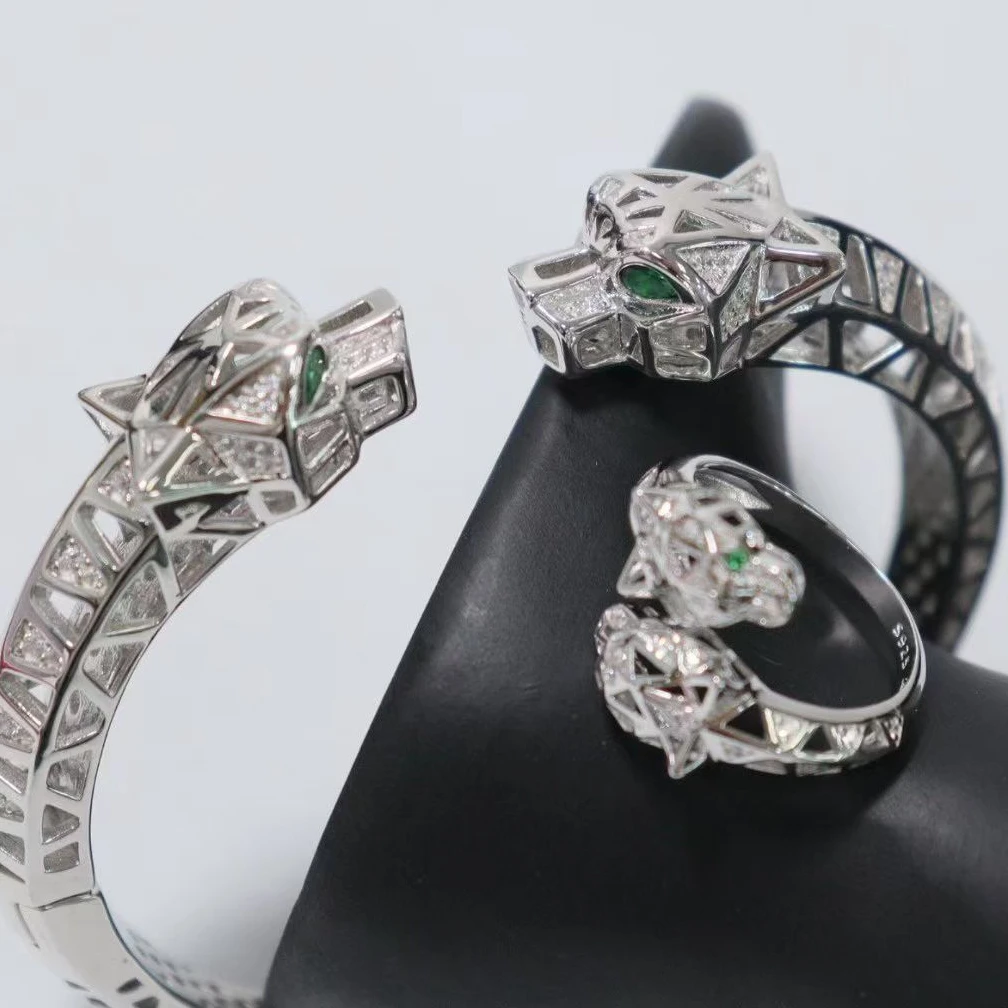 Solid 925 Sterling Silver Lab Emerald Green Eyes Hollow Out Leopard Bangle Bracelets For Women Party Fine Panther Jewelry