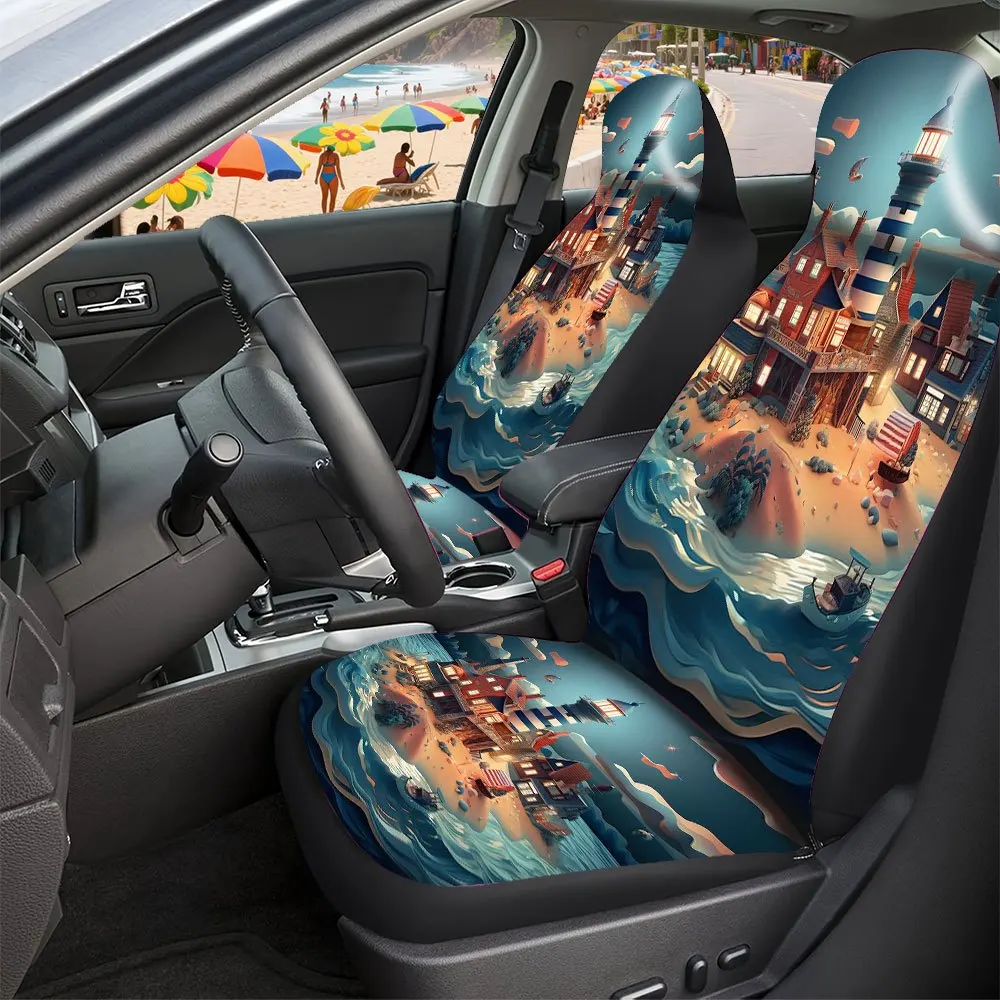 Trendy Print Car Seat Covers Full Set Fit Festive Versatile Premium Material Comfortable Breathable Island Lighthouse Houses Ca
