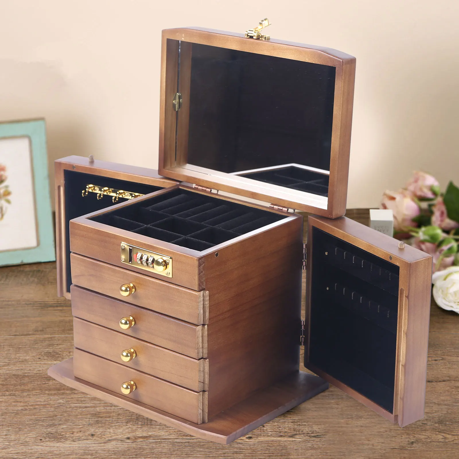 

Wooden Jewelry Storage Box with Combo Lock for Jewelries, Ring,Necklace and Watches