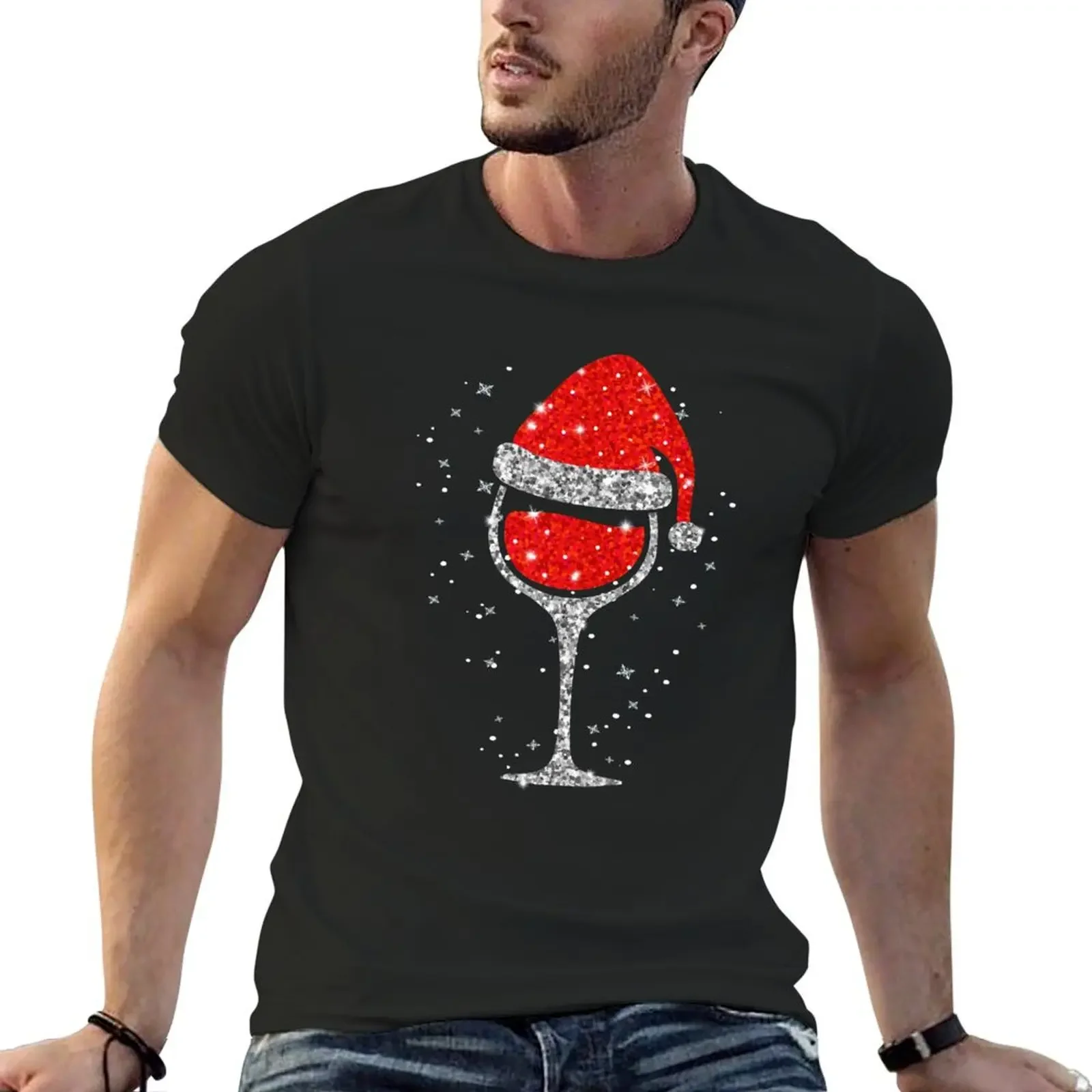 

Christmas Wine Glass Snowflakes Santa Hat Red Wine T-Shirt Louboutins street wear clothes for men
