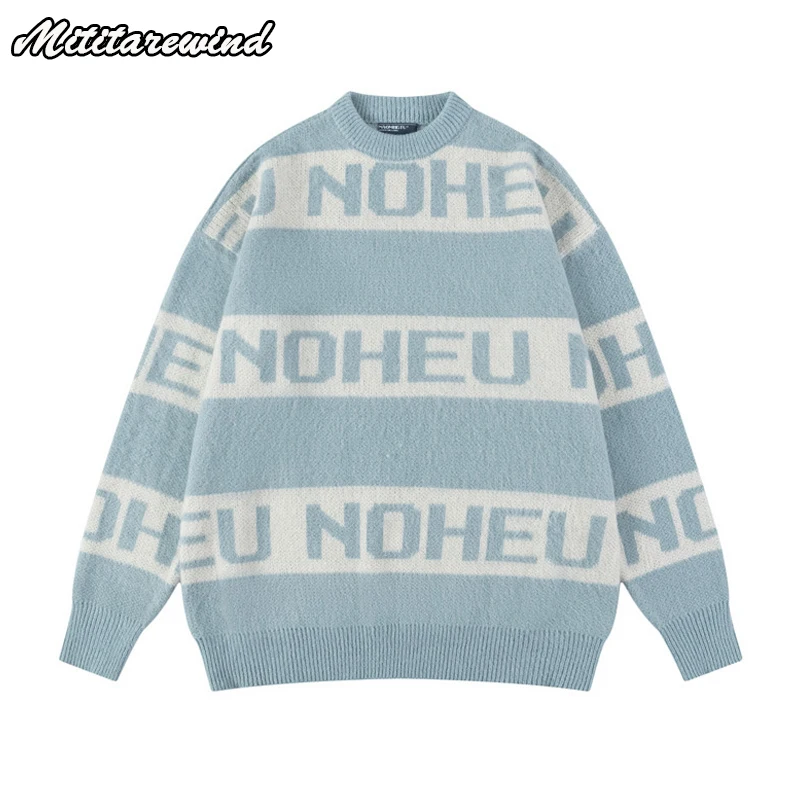 American Retro Contrast Color Striped Letter Jacquard Sweater Men Hip Hop Streetwear Oversized Knitted Sweater Women Lovers Tops