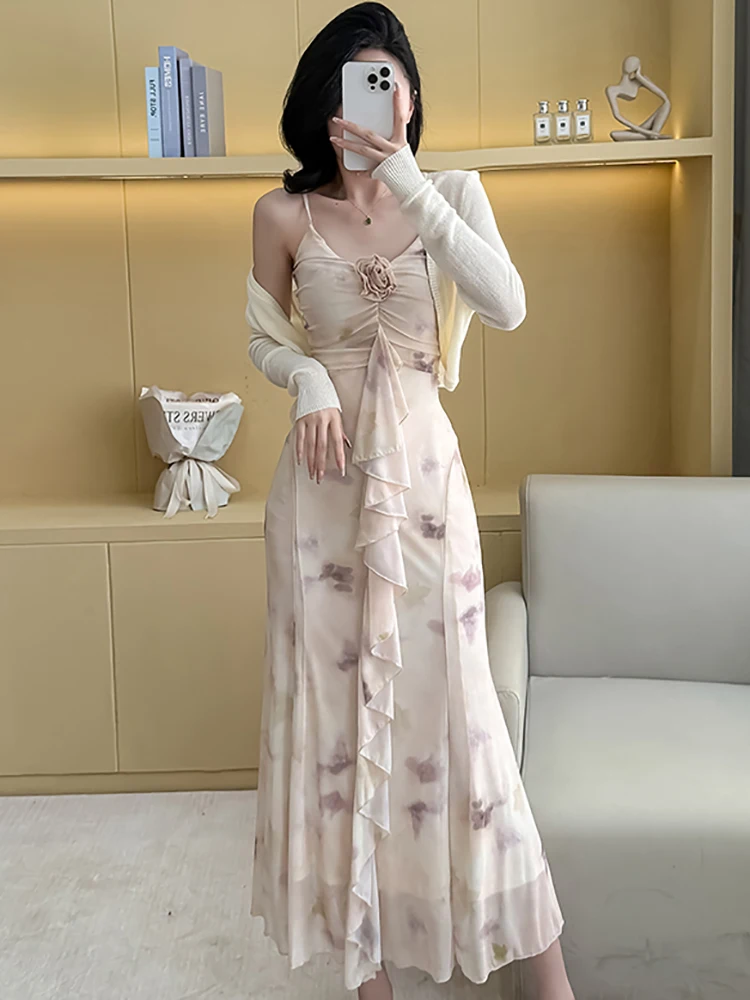 Robe à bretelles Chic en mousseline de soie imprimée pour femmes + Cardigan blanc, ensembles deux pièces, nouvelles robes de soirée de luxe élégantes coréennes, été 2025