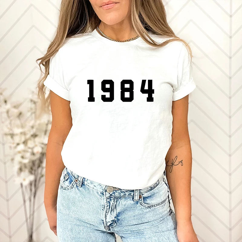 

Простая женская футболка «Рожденный в 1984 году», хлопковая женская футболка на день рождения 40–40 лет, футболка с эстетическим рисунком, подарок на день матери, футболка