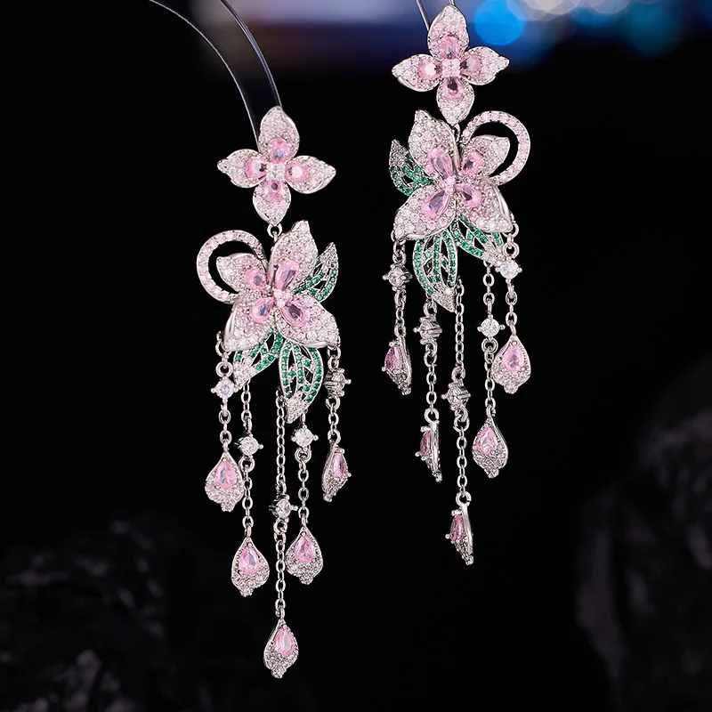 Luxury Zircon Inlaid Flower Tassel Earrings with S925 Silver Posts for High-End Dresses and Evening Gowns