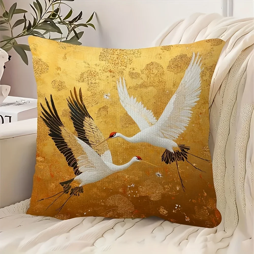 1Pc Japanese Style Cushion Cover Golden Red Crowned Crane Print Pillowcase For Sofa Bed Home Decor Decorative Throw Case