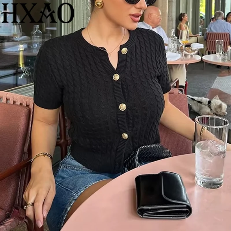

HXAO Cropped Sweater Cardigan Women 2024 Autumn Elegant Short Knit Sweater Ladies Fashion Casual Short Sleeve Grey Red Black Top