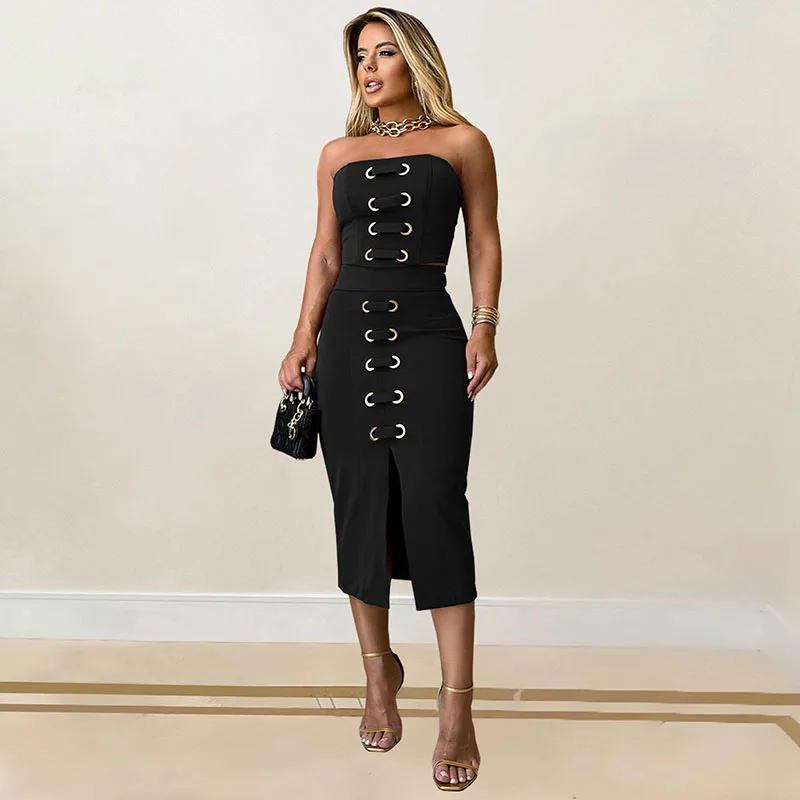 

Sexy Lace-up Bandage Skirt 2 Piece Set Women Festivals Outfit Club Party Strapless Crop Top + Midi Skirts Matching Sets Elegance