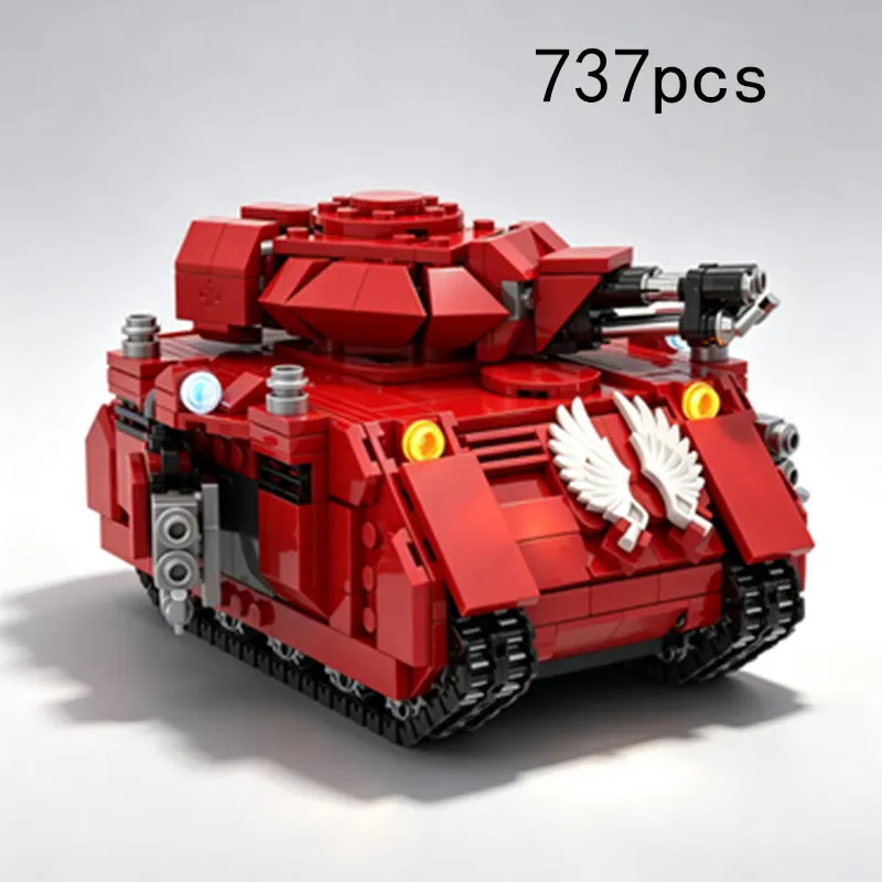 MOC 737pcs Small Particle Building Blocks, Sci-Fi Red Double-Barreled Tank Model Armored Vehicle, Collectible Toy/Ornament