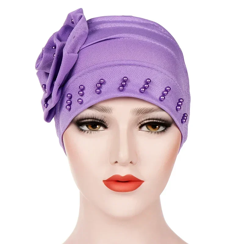 Helisopus Women New Fashion Ruffle Beaded Solid Scarf Cap Muslim Head Wrap Chemo Turban Bandanas Ladies Hair Accessories