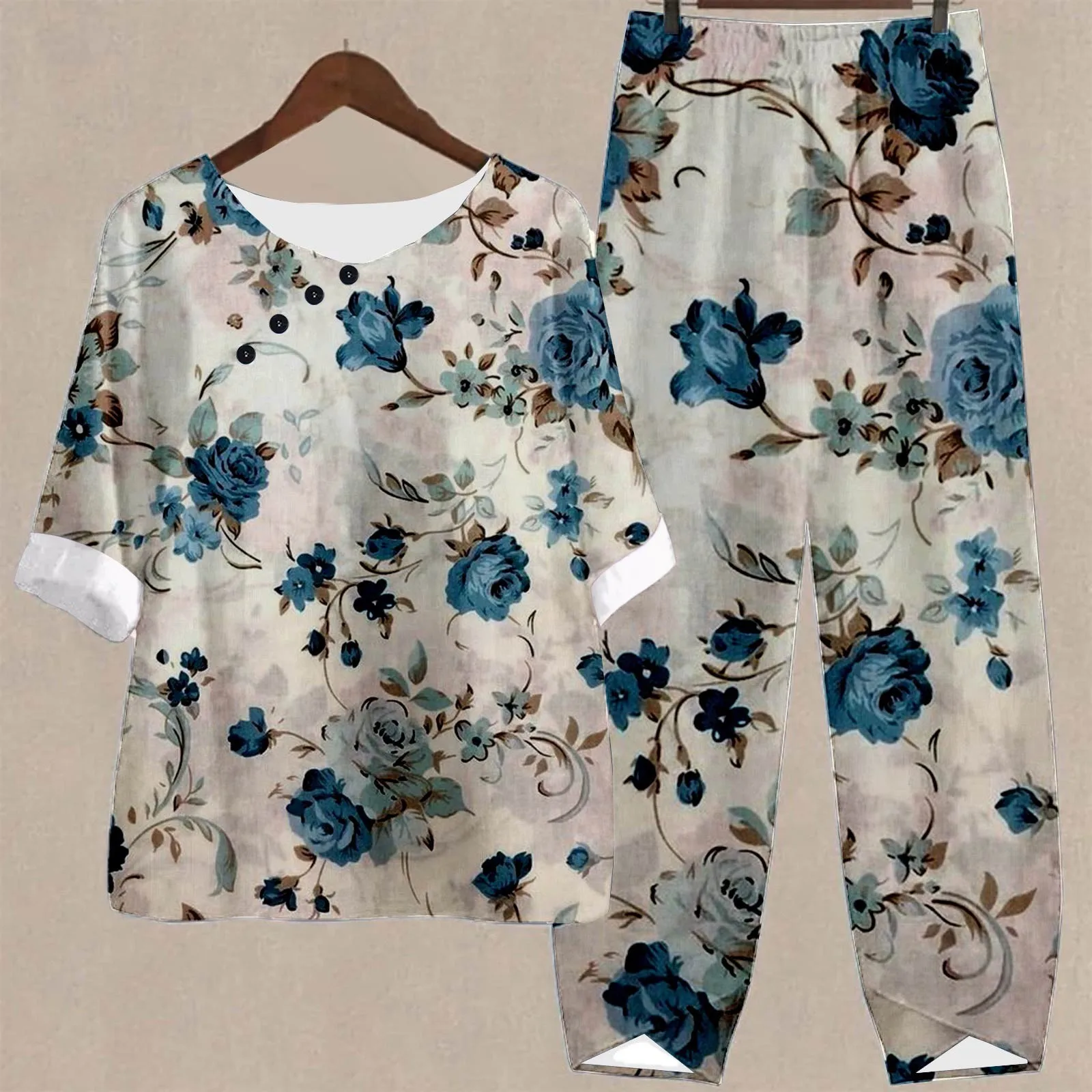 New Elegant Summer Casual 2 Piece Set Women O Neck Flower Print Loose T Shirt High Waist Loose Pants Suit Female Outfits 2023