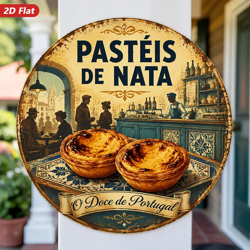 2D Flat, 1pc Pasteis De Nata Retro Round Metal Sign Wall Art, Golden Custard Tarts, Ideal for Entryway Studio, Lisbon Cafe Scene